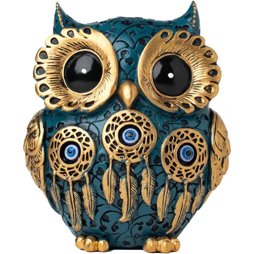 Decorative Owl Figurine Vintage Blue and Gold Owl Statue Home Décor (Blue)